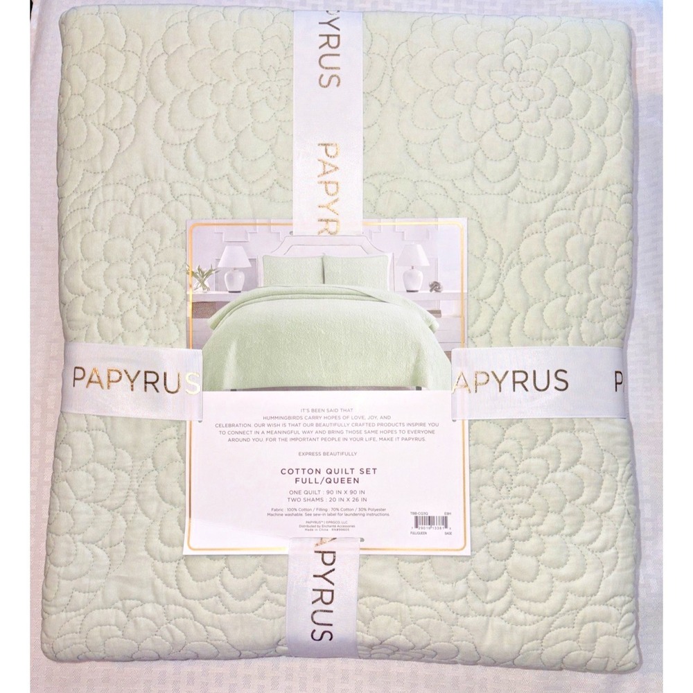Papyrus Cotton Quilt Set in Green - Full/Queen